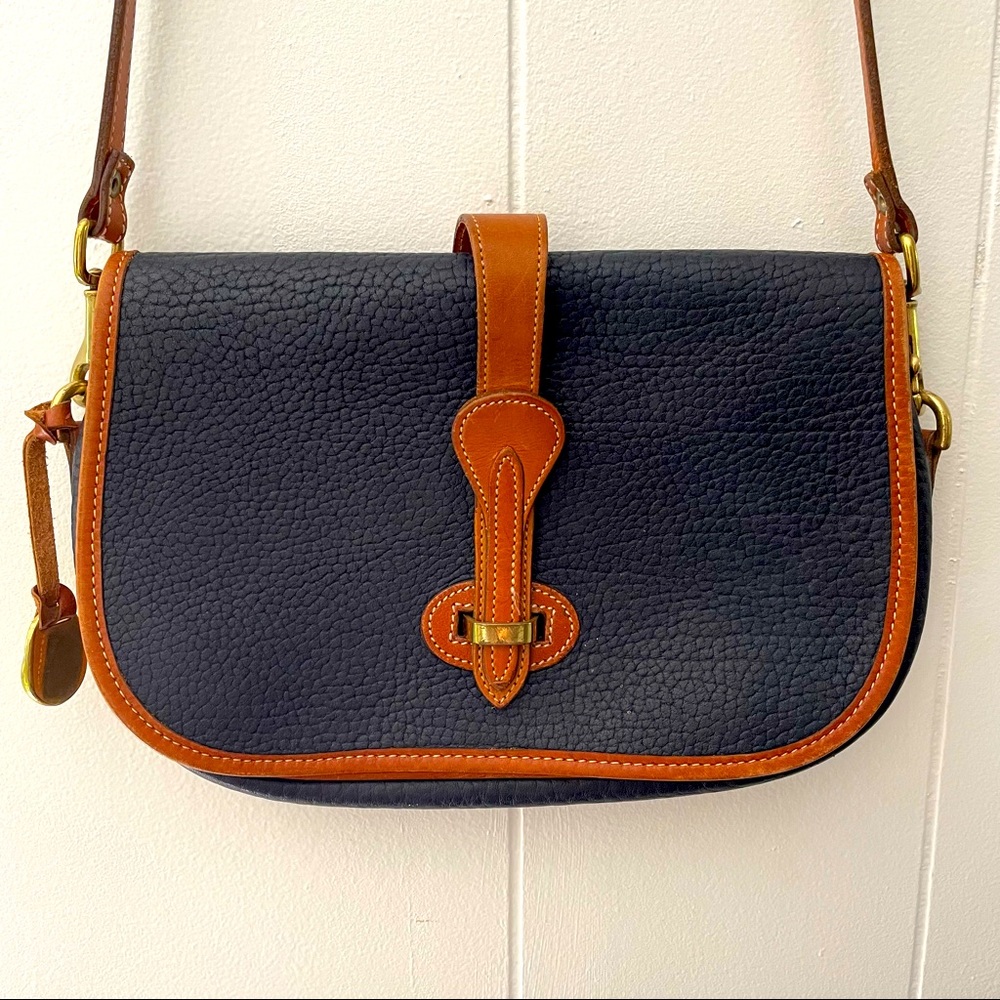 Vintage Dooney & Bourke all weather leather crossbody purse navy blue brass